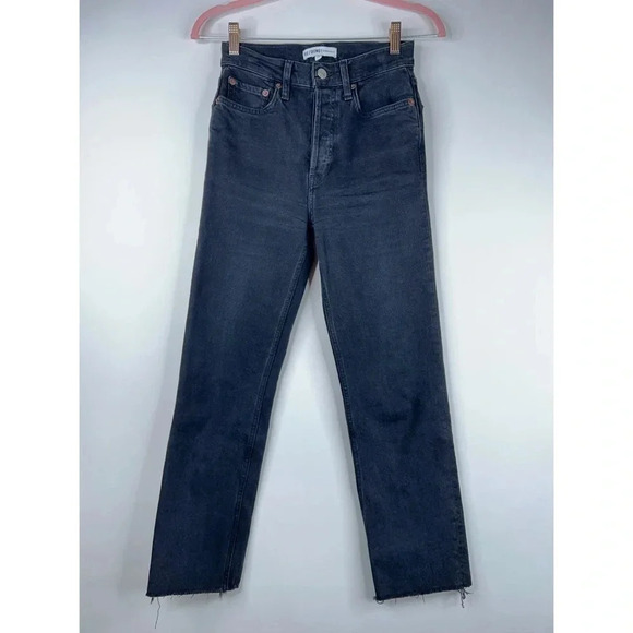 Re/done 70s High Rise Stove Pipe Jeans Faded Black 85 Frayed Hem Size 24 - Picture 1 of 11